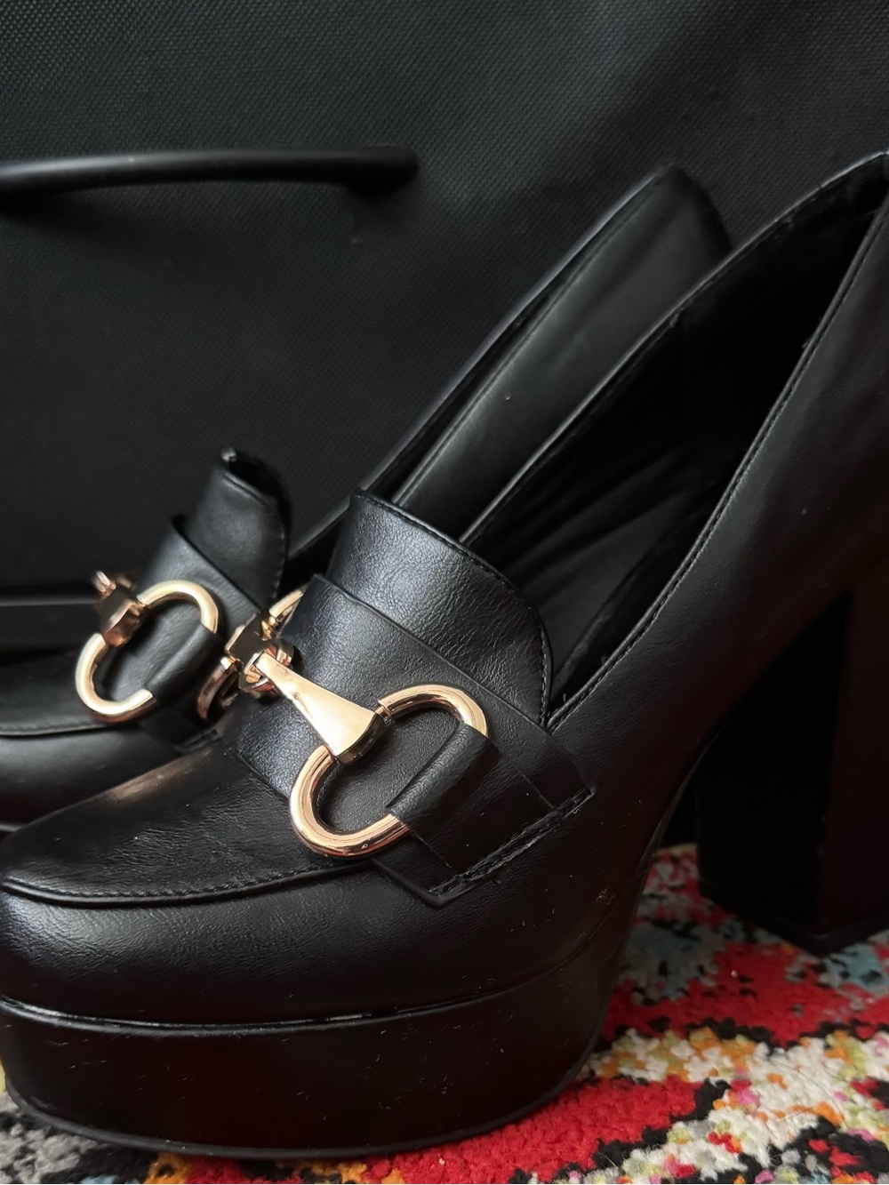 Black Platform Bamboo Loafer Heels with Gold Buckle